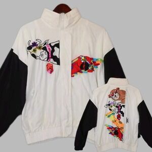 90s Track Jacket Womens S White VTG Graphic Kitschy CONVERSATIONS by JILL ROGERS